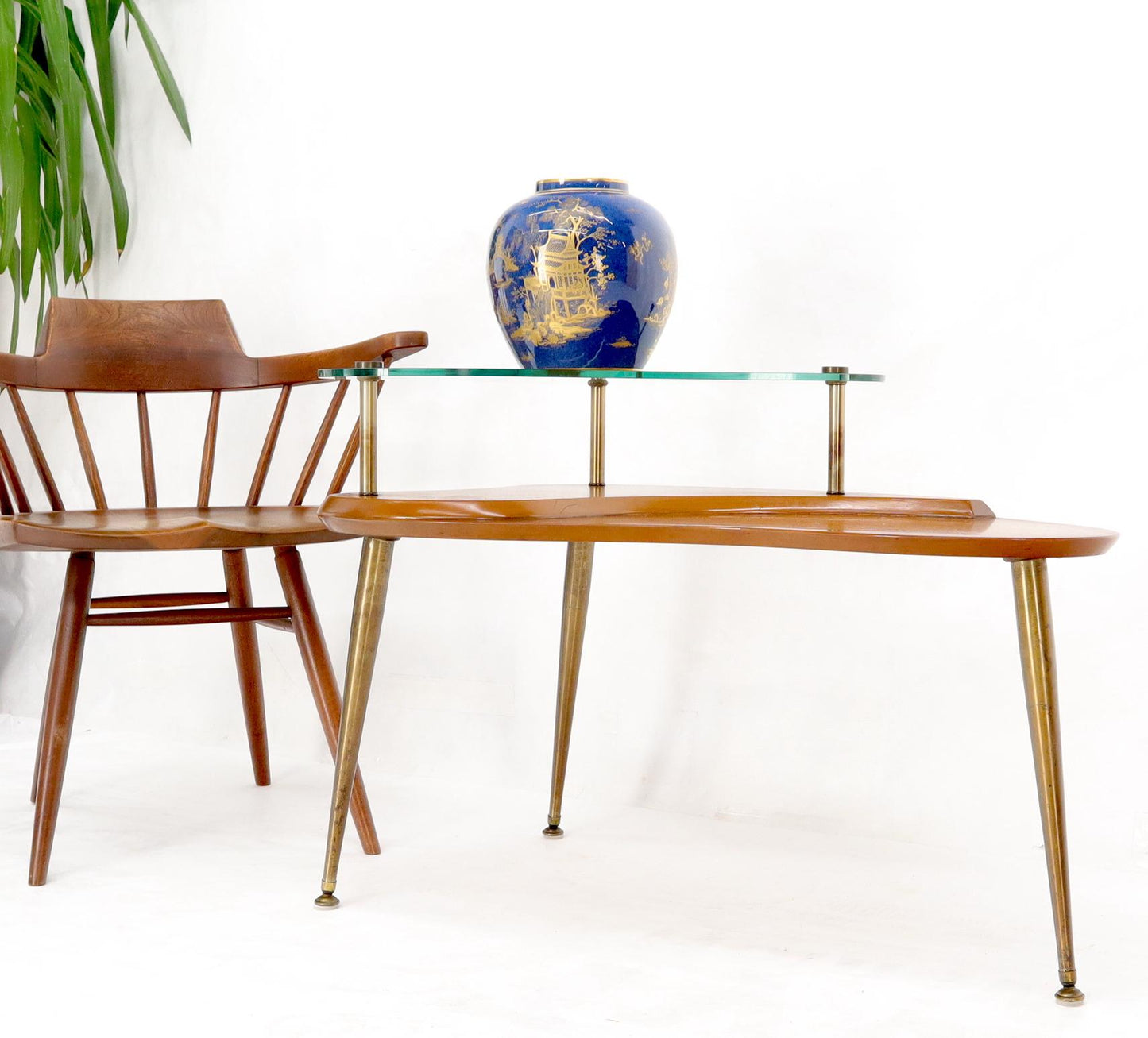 EstablishedLines Kidney Comma Shape Two Tier Glass Walnut & Brass Conical Leg Coffee Side Table