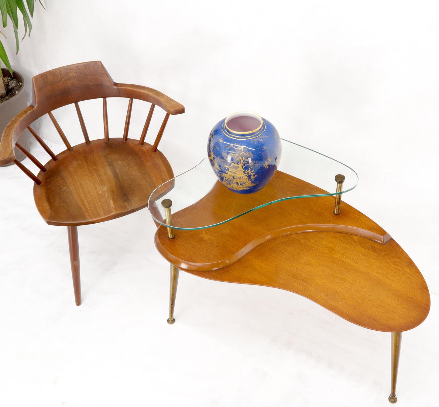 EstablishedLines Kidney Comma Shape Two Tier Glass Walnut & Brass Conical Leg Coffee Side Table