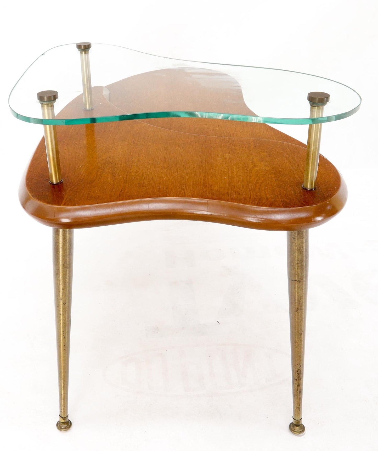 EstablishedLines Kidney Comma Shape Two Tier Glass Walnut & Brass Conical Leg Coffee Side Table