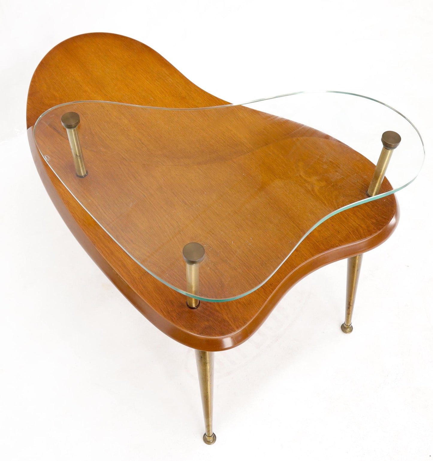 EstablishedLines Kidney Comma Shape Two Tier Glass Walnut & Brass Conical Leg Coffee Side Table