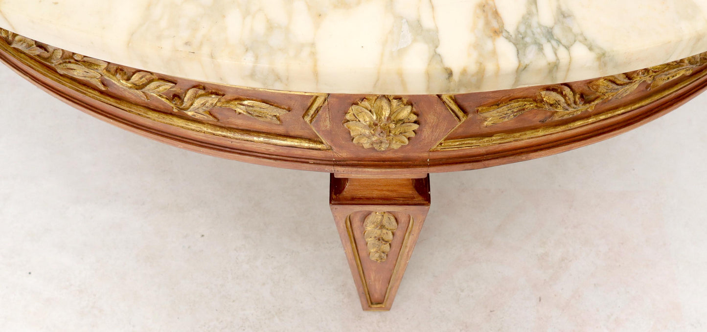 EstablishedLines Round Marble Top Ornate Carved Mahogany Base Coffee Table