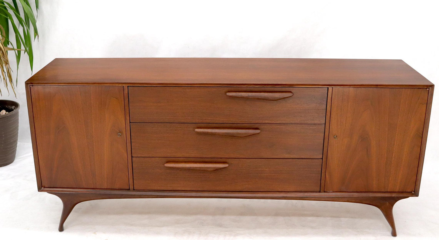EstablishedLines Sculptural Legs Long 9 Drawers Walnut Credenza Dresser with Doors