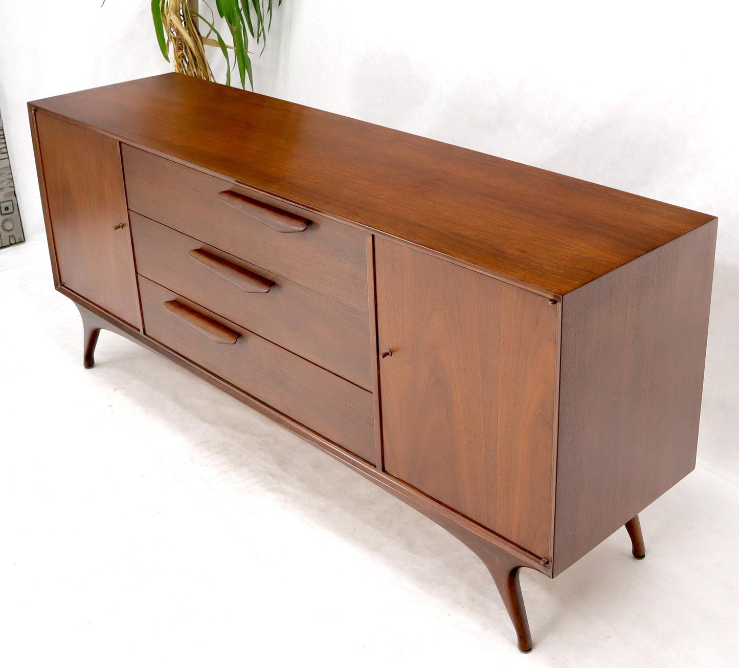 EstablishedLines Sculptural Legs Long 9 Drawers Walnut Credenza Dresser with Doors