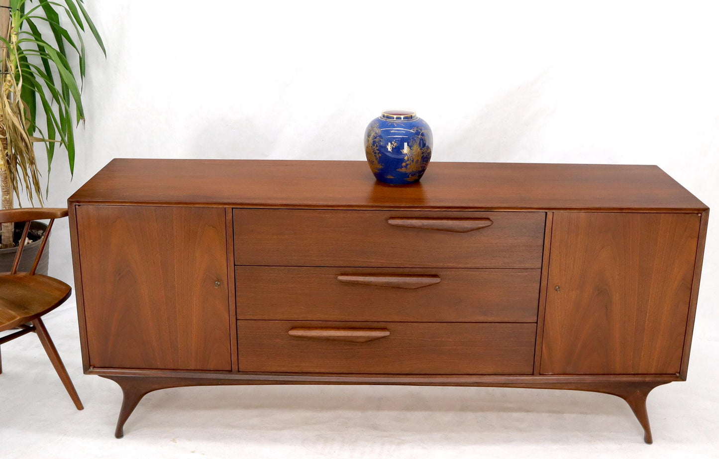 EstablishedLines Sculptural Legs Long 9 Drawers Walnut Credenza Dresser with Doors