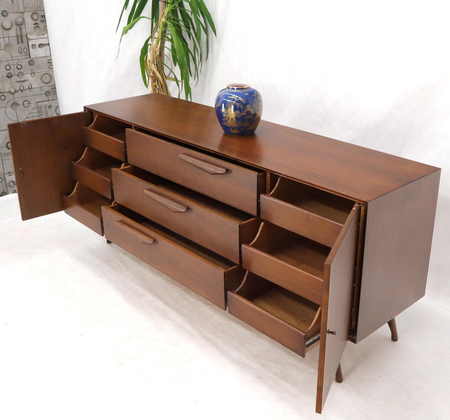 EstablishedLines Sculptural Legs Long 9 Drawers Walnut Credenza Dresser with Doors