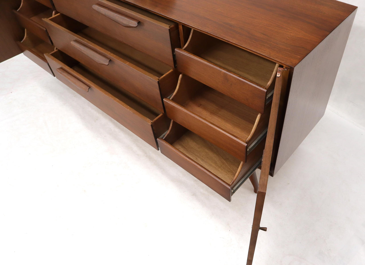 EstablishedLines Sculptural Legs Long 9 Drawers Walnut Credenza Dresser with Doors
