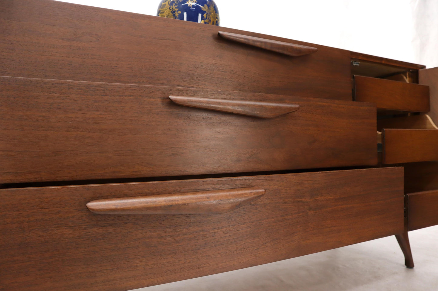 EstablishedLines Sculptural Legs Long 9 Drawers Walnut Credenza Dresser with Doors