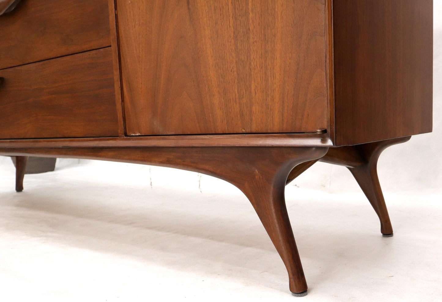 EstablishedLines Sculptural Legs Long 9 Drawers Walnut Credenza Dresser with Doors