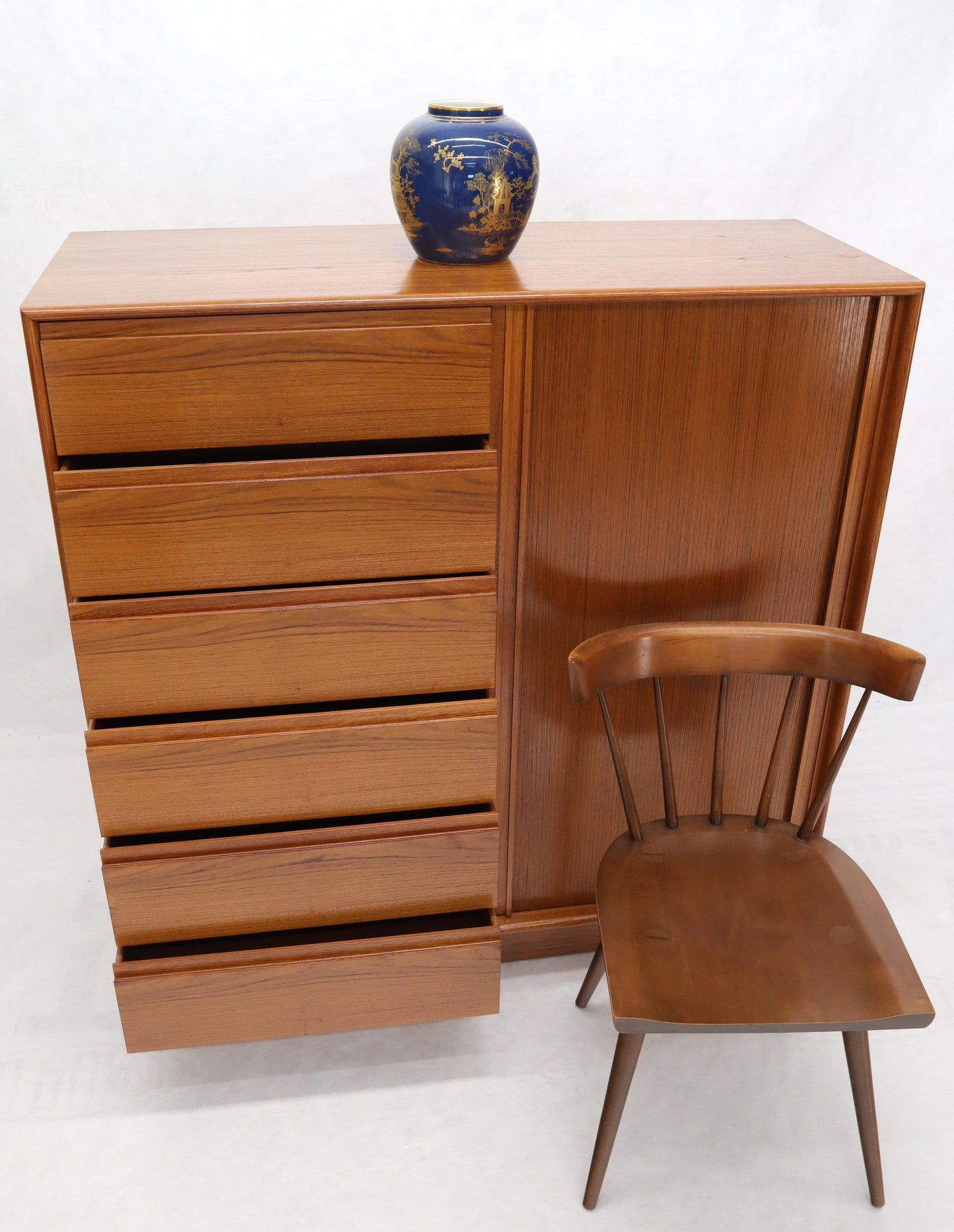 EstablishedLines Tambour Door Side by Side 13 Drawers Large Teak Gentleman Chest Dresser Cabinet