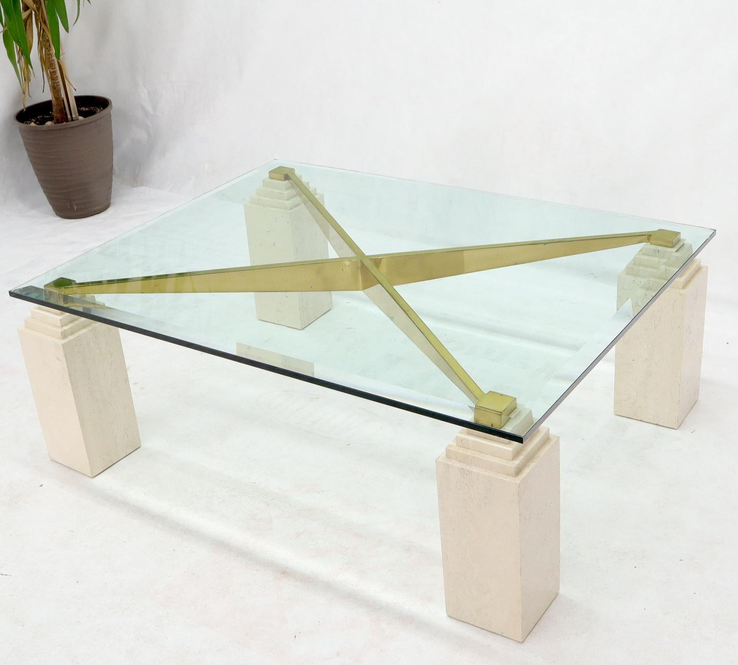 EstablishedLines Square Travertine Legs Brass X Shape Base Glass Top Coffee Table