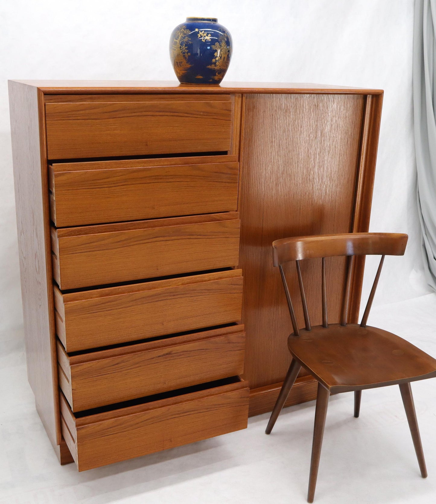EstablishedLines Tambour Door Side by Side 13 Drawers Large Teak Gentleman Chest Dresser Cabinet