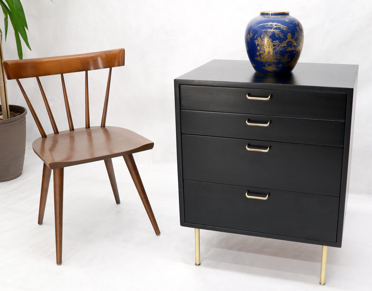 EstablishedLines Harvey Probber Black Lacquer Mahogany Brass Hardware and Legs 4 Drawer Chest