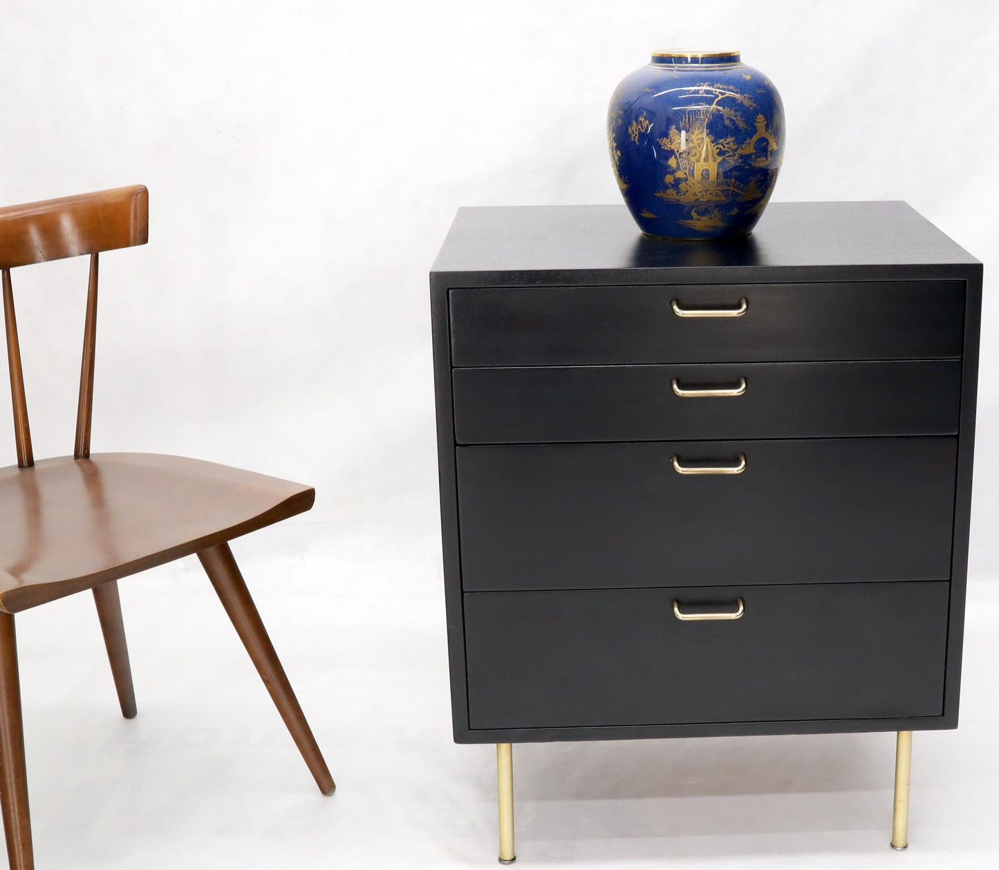 EstablishedLines Harvey Probber Black Lacquer Mahogany Brass Hardware and Legs 4 Drawer Chest