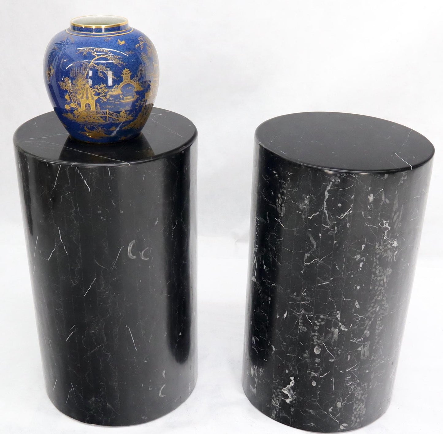 EstablishedLines Pair of Black Marble Stone Veneer Sheeted Tiled Round Cylinder Pedestals