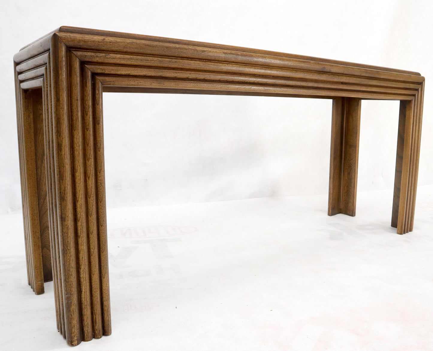 EstablishedLines Reed or Rattan Glass Top Mid-Century Modern Console Table