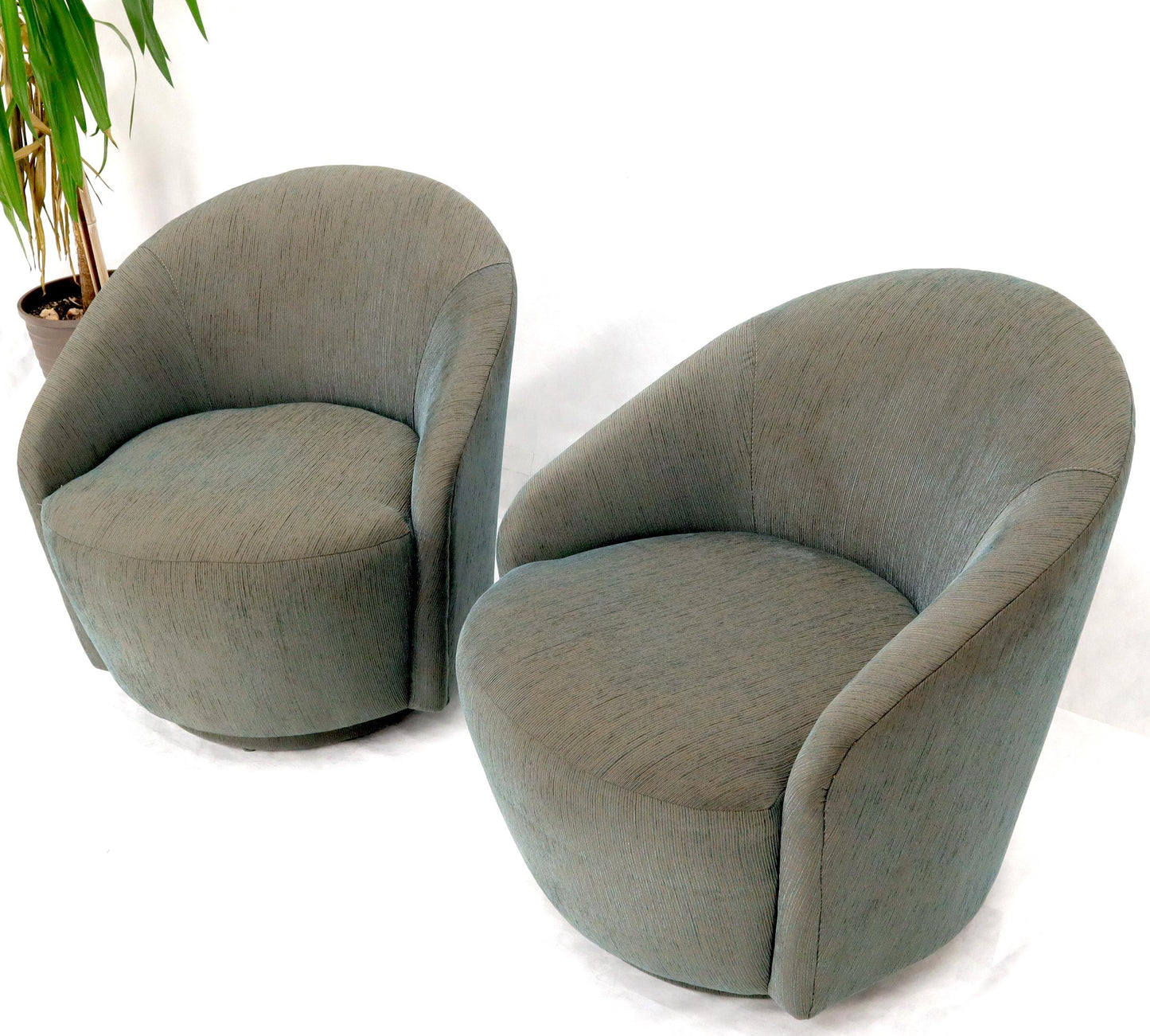 EstablishedLines Pair of Barrel Back Tub Swivel Lounge Slipper Chairs Milo Baughman Style