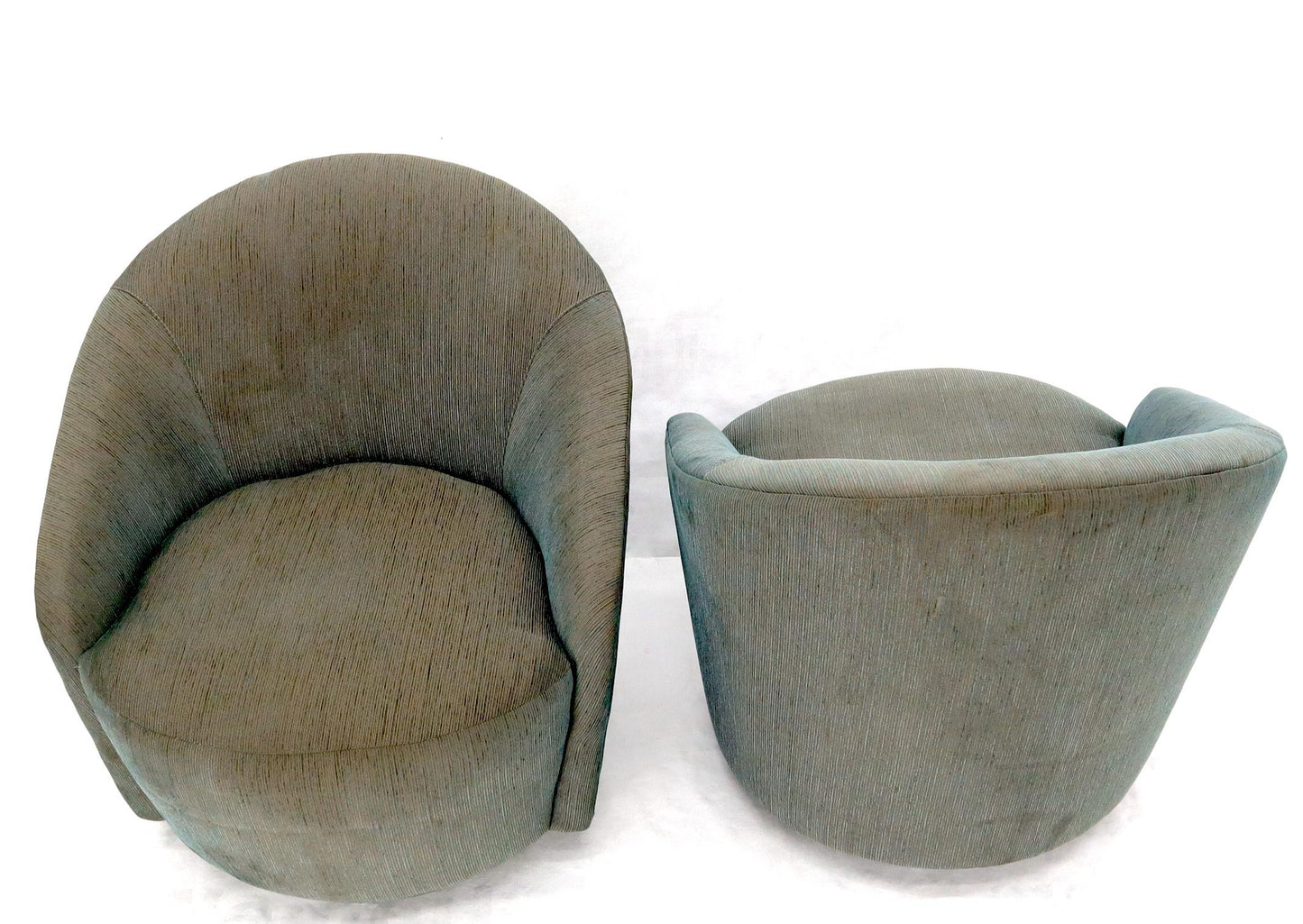 EstablishedLines Pair of Barrel Back Tub Swivel Lounge Slipper Chairs Milo Baughman Style