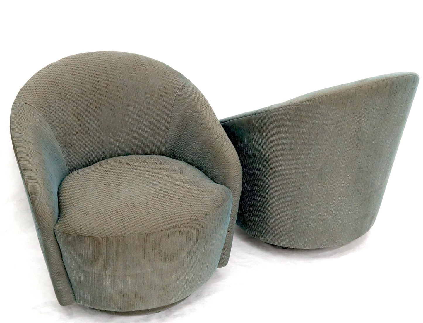 EstablishedLines Pair of Barrel Back Tub Swivel Lounge Slipper Chairs Milo Baughman Style
