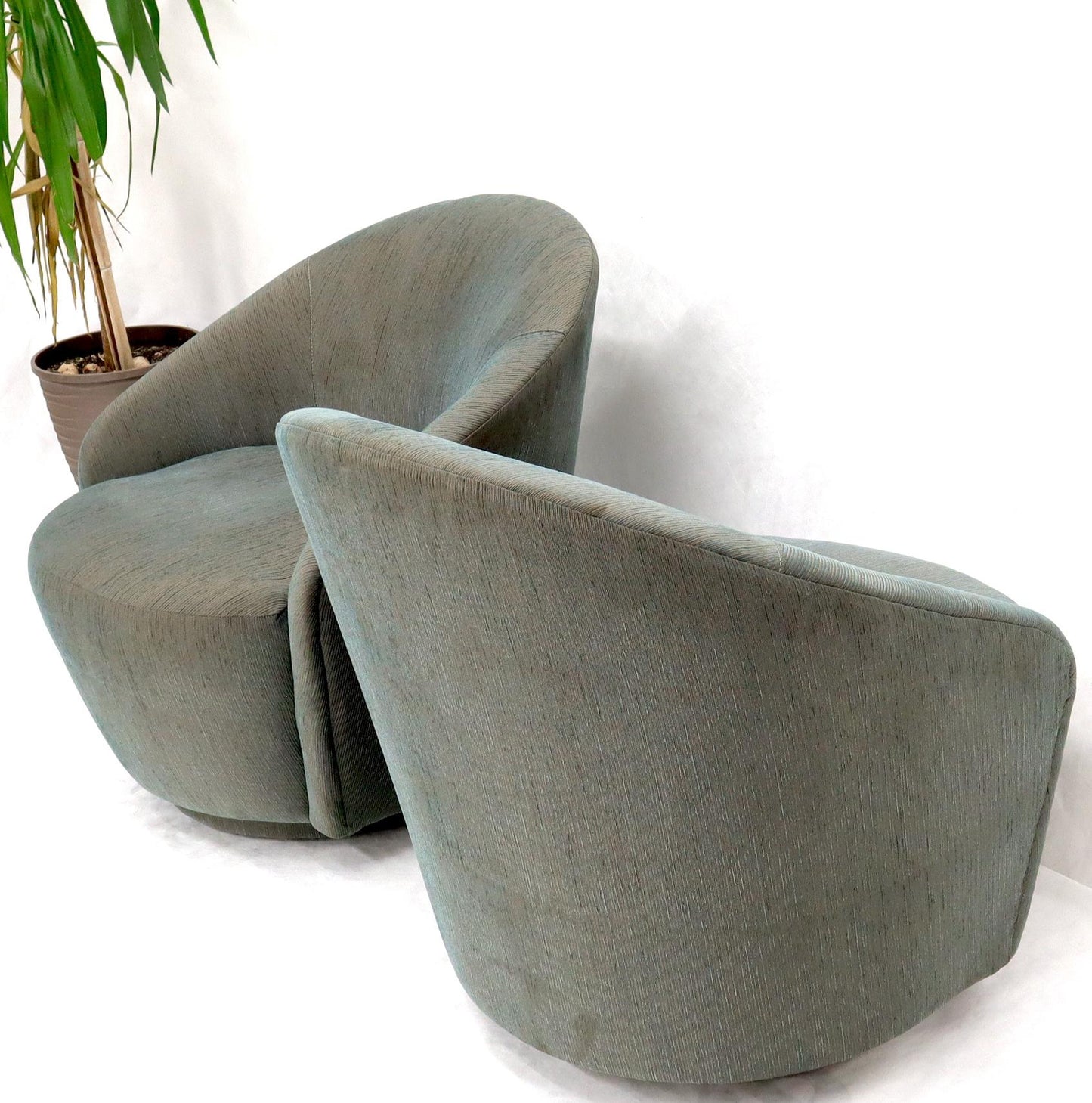 EstablishedLines Pair of Barrel Back Tub Swivel Lounge Slipper Chairs Milo Baughman Style