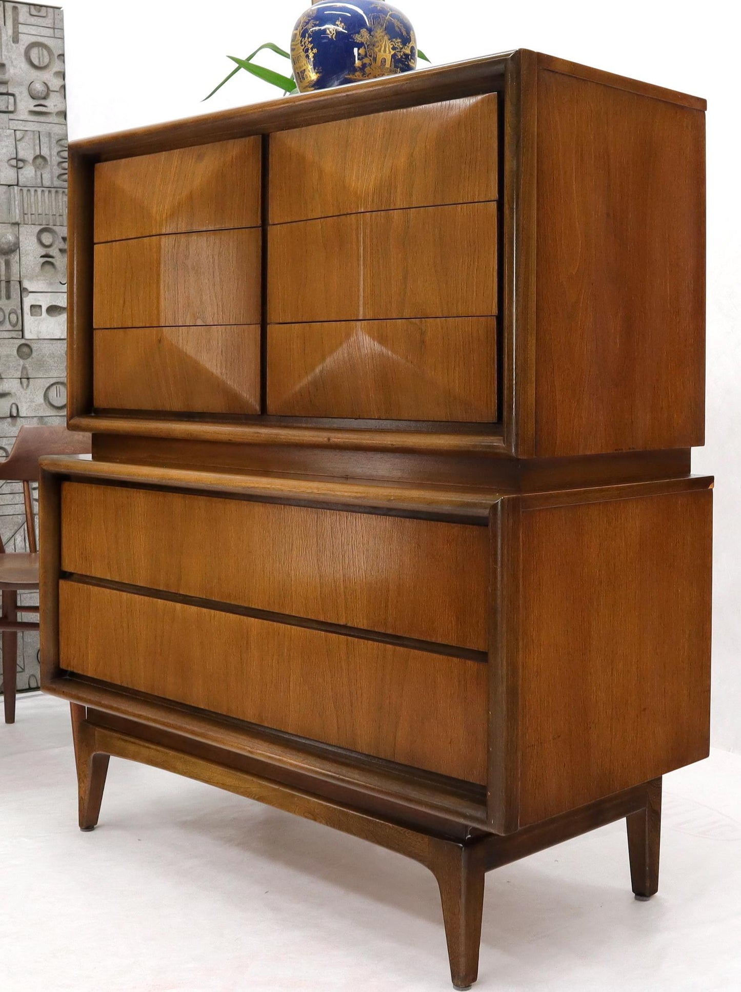 EstablishedLines Diamond Front Walnut Mid-Century Modern Double High Chest Dresser