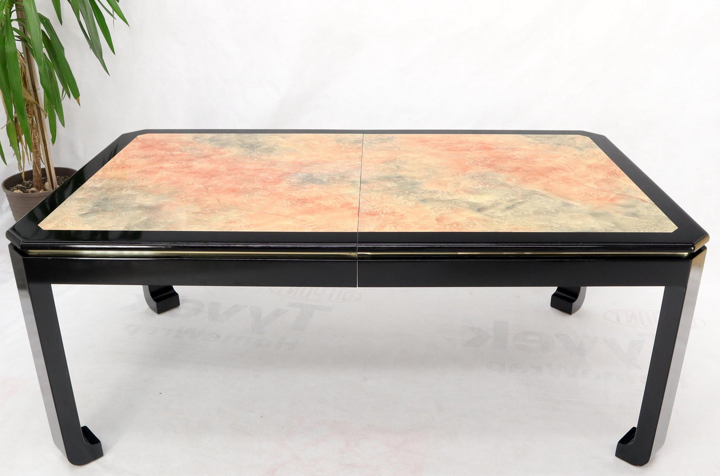 EstablishedLines Black Lacquer Faux Stone Marble Finish Dining Table with Leave Extension Board