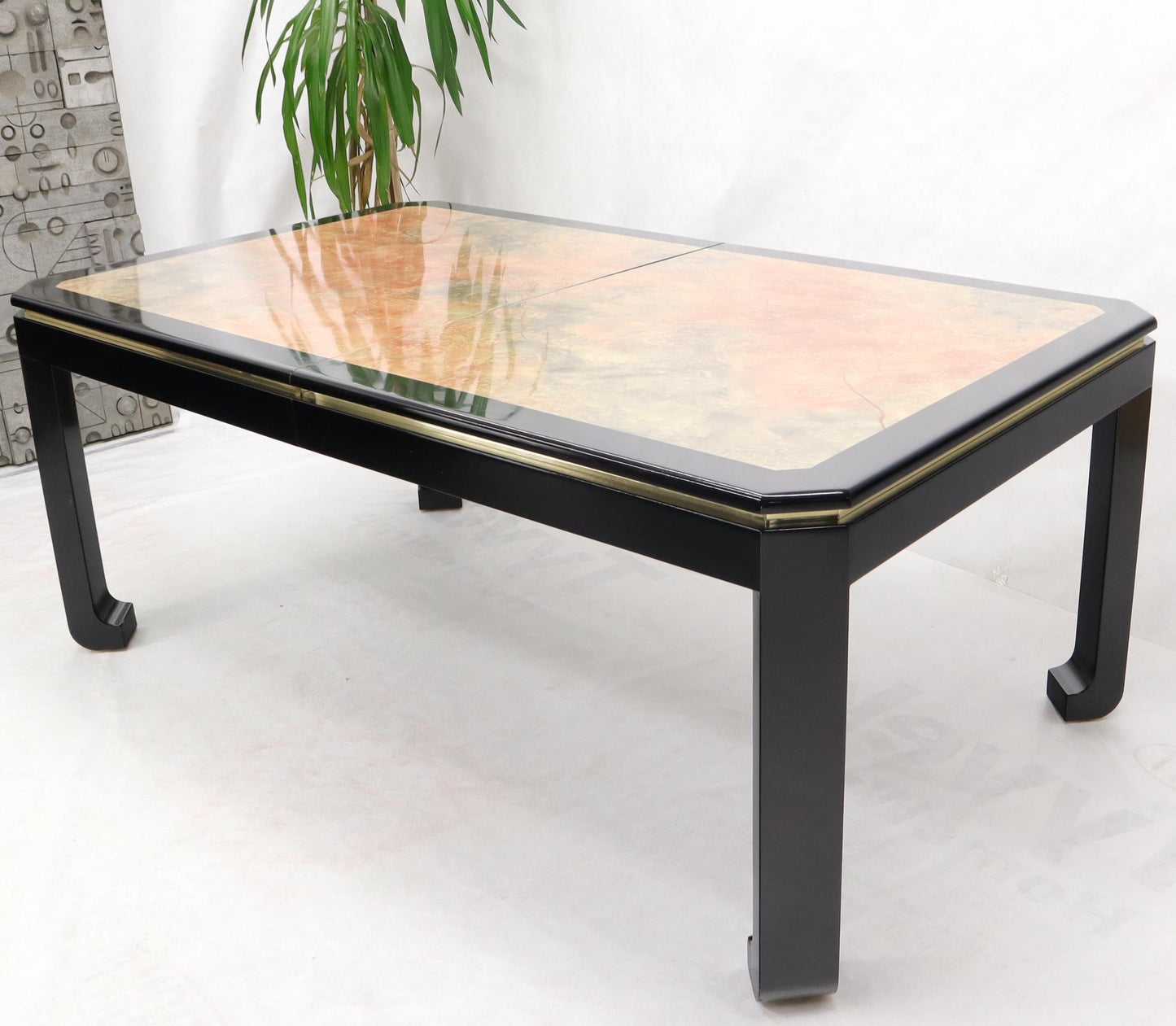 EstablishedLines Black Lacquer Faux Stone Marble Finish Dining Table with Leave Extension Board