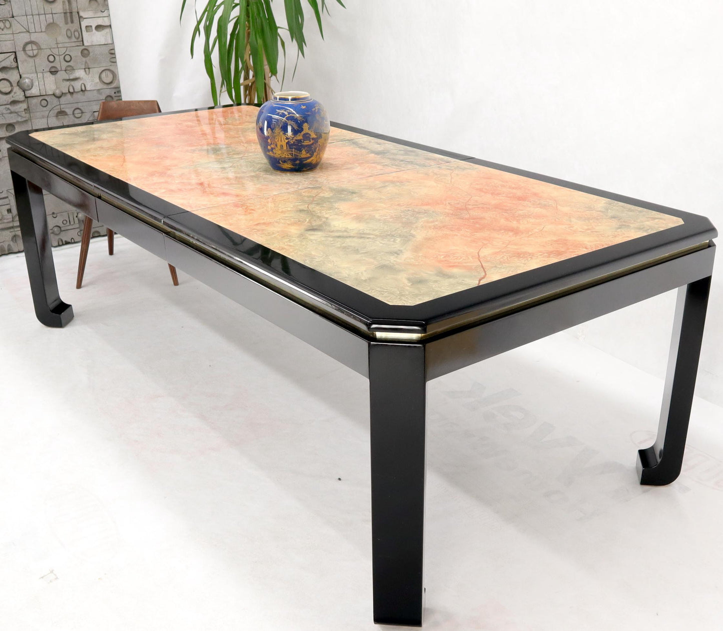 EstablishedLines Black Lacquer Faux Stone Marble Finish Dining Table with Leave Extension Board