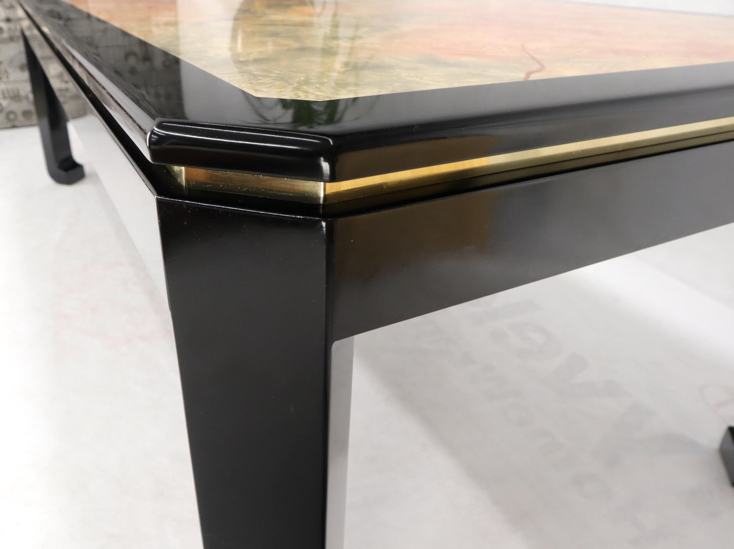 EstablishedLines Black Lacquer Faux Stone Marble Finish Dining Table with Leave Extension Board