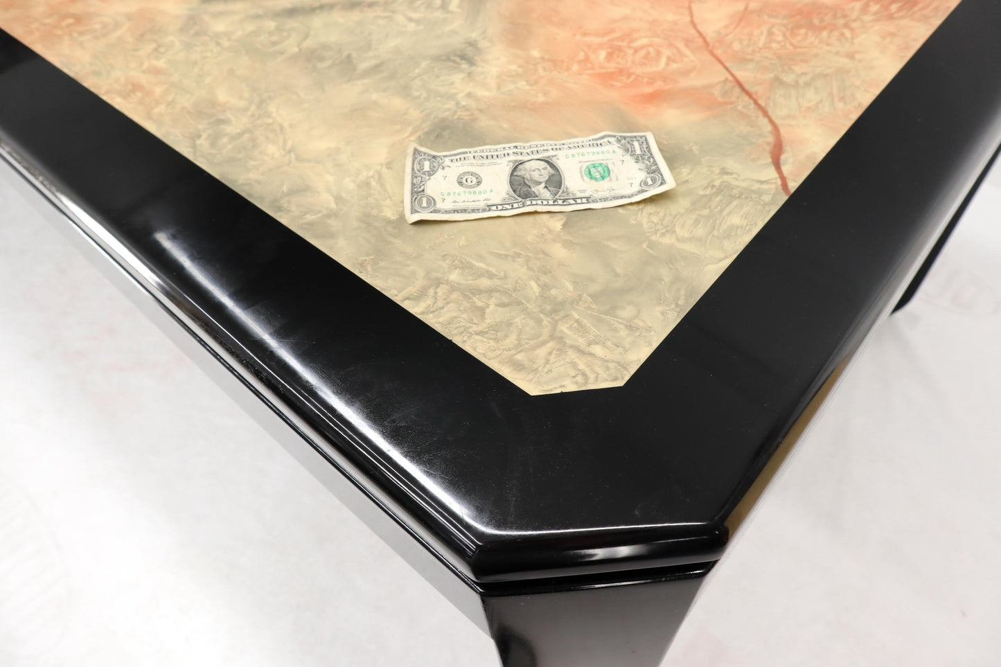 EstablishedLines Black Lacquer Faux Stone Marble Finish Dining Table with Leave Extension Board