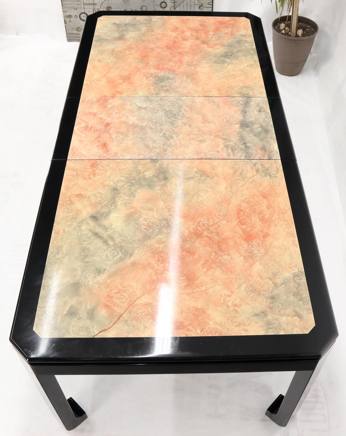 EstablishedLines Black Lacquer Faux Stone Marble Finish Dining Table with Leave Extension Board