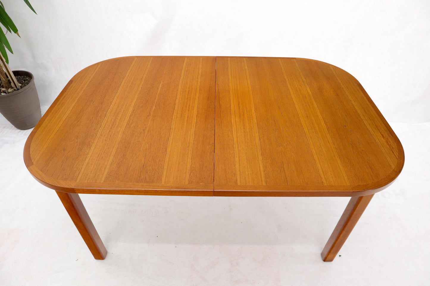 EstablishedLines Rectangle Round Corners Teak Midcentury Danish Modern Dining Table Pop Up Leaf
