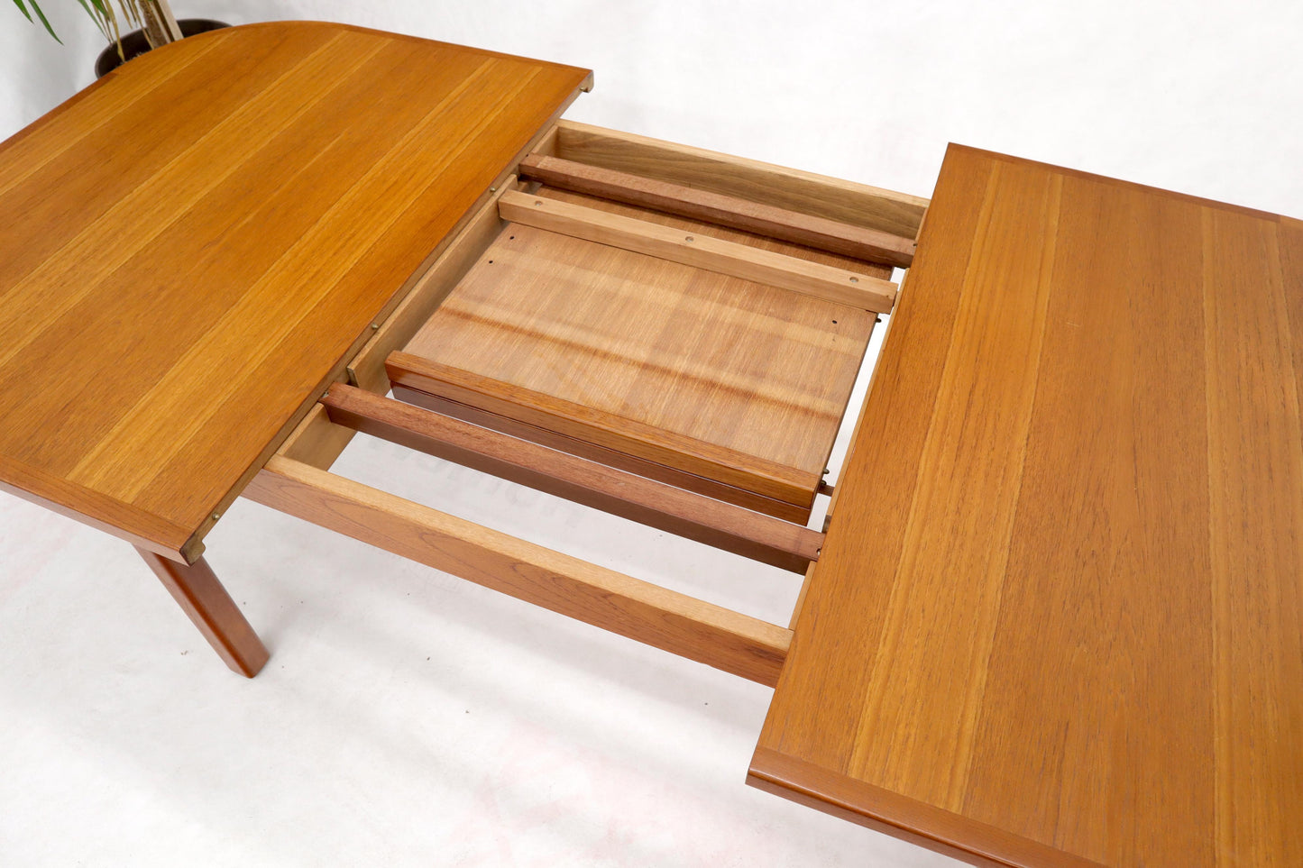 EstablishedLines Rectangle Round Corners Teak Midcentury Danish Modern Dining Table Pop Up Leaf
