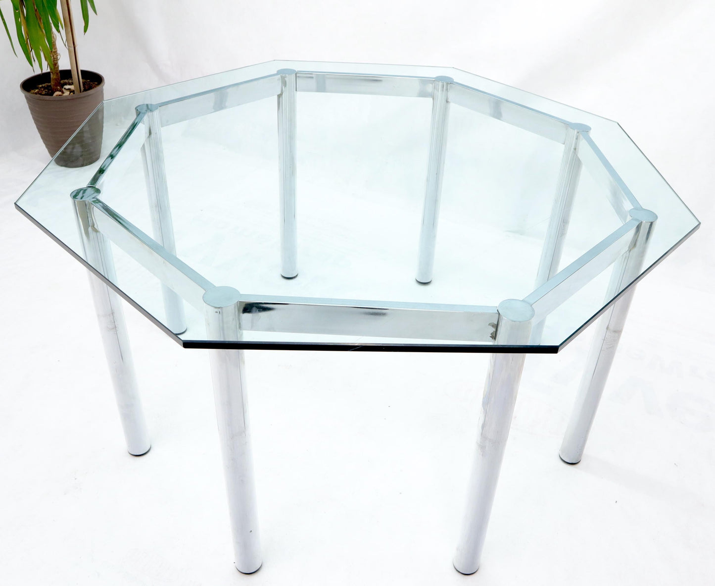 EstablishedLines Round Octagon Glass Chrome Base Mid-Century Modern Dining Table