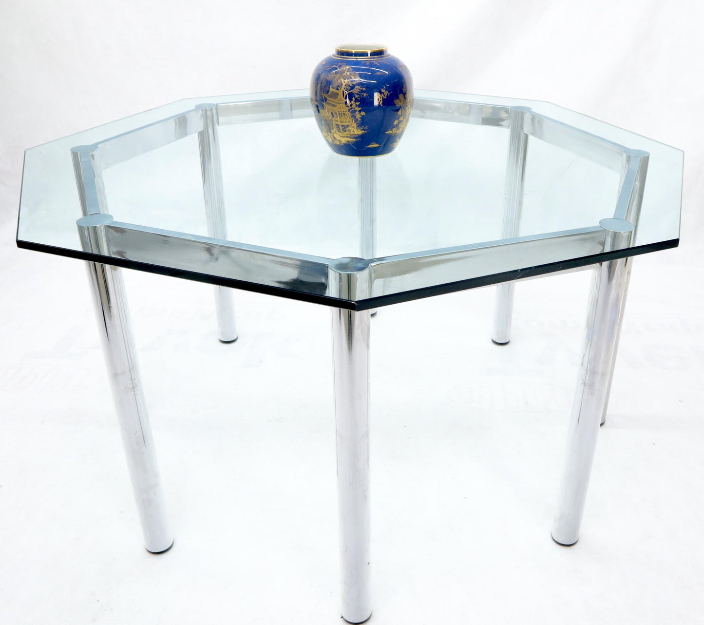 EstablishedLines Round Octagon Glass Chrome Base Mid-Century Modern Dining Table