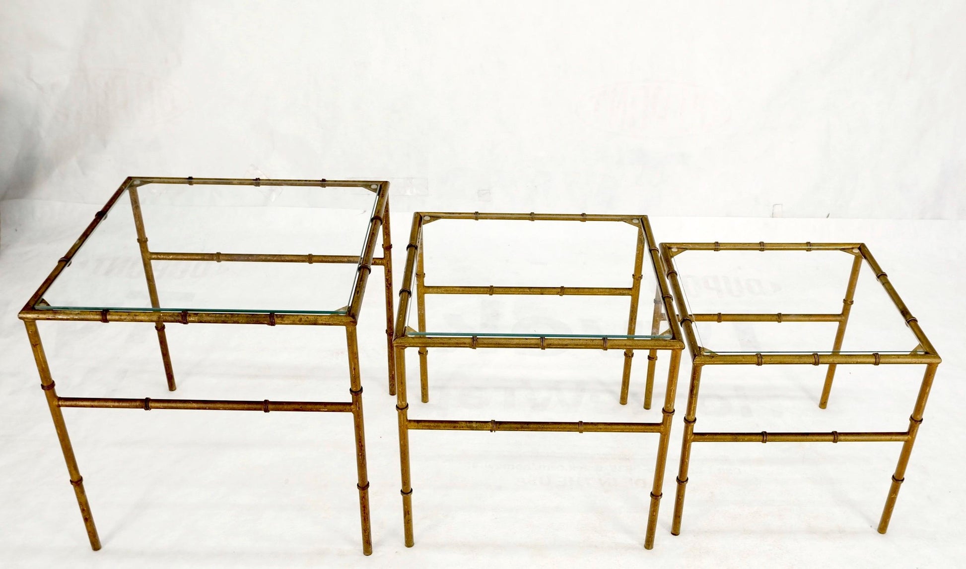 EstablishedLines Set of 3 Nesting Glass Top Faux Bamboo Gilt Metal End Side Stacking Tables