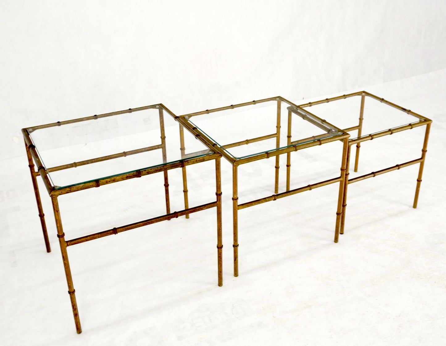 EstablishedLines Set of 3 Nesting Glass Top Faux Bamboo Gilt Metal End Side Stacking Tables