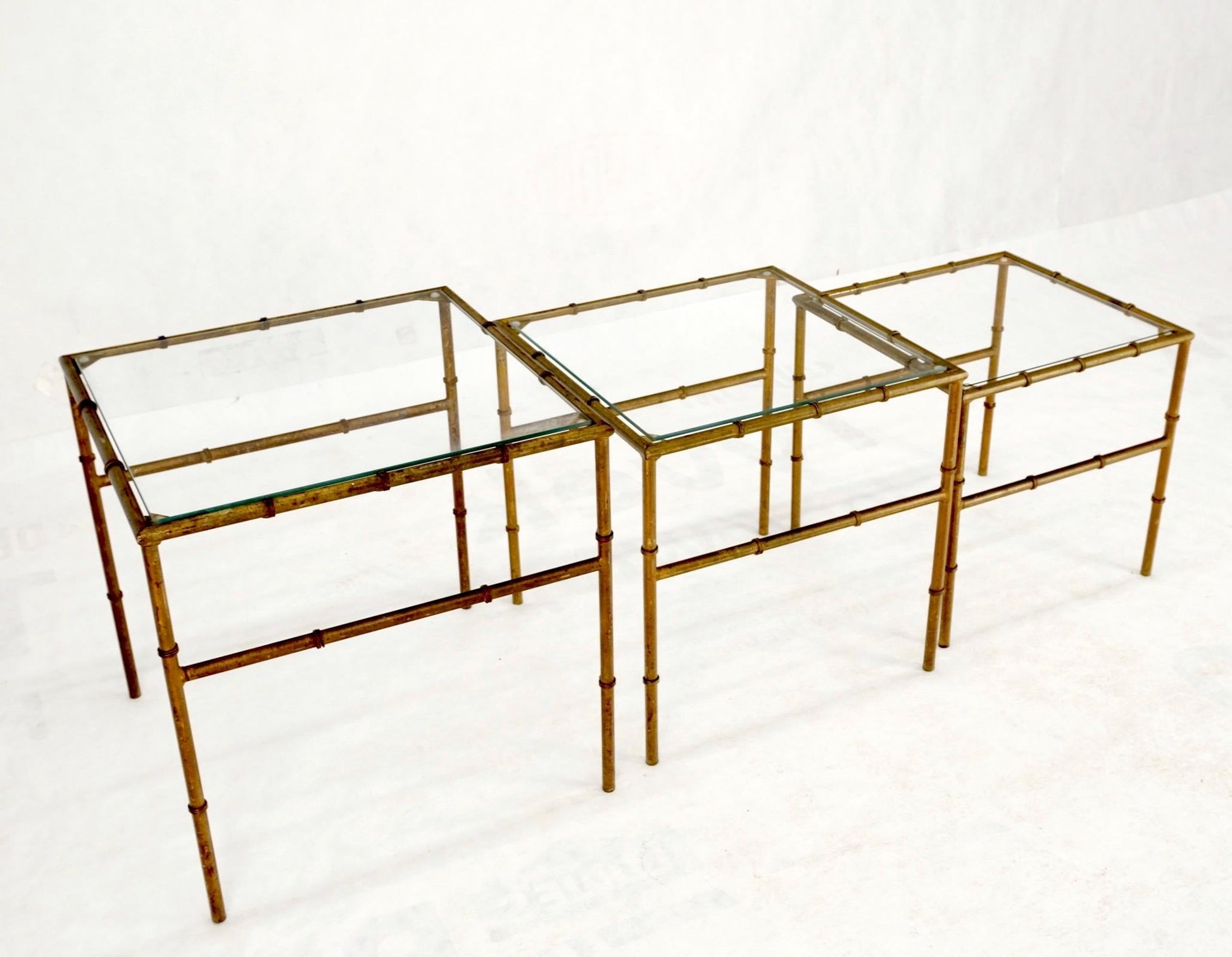 EstablishedLines Set of 3 Nesting Glass Top Faux Bamboo Gilt Metal End Side Stacking Tables