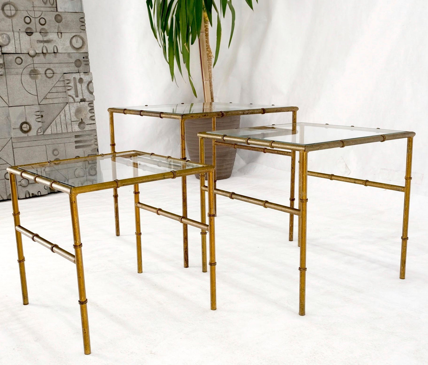 EstablishedLines Set of 3 Nesting Glass Top Faux Bamboo Gilt Metal End Side Stacking Tables