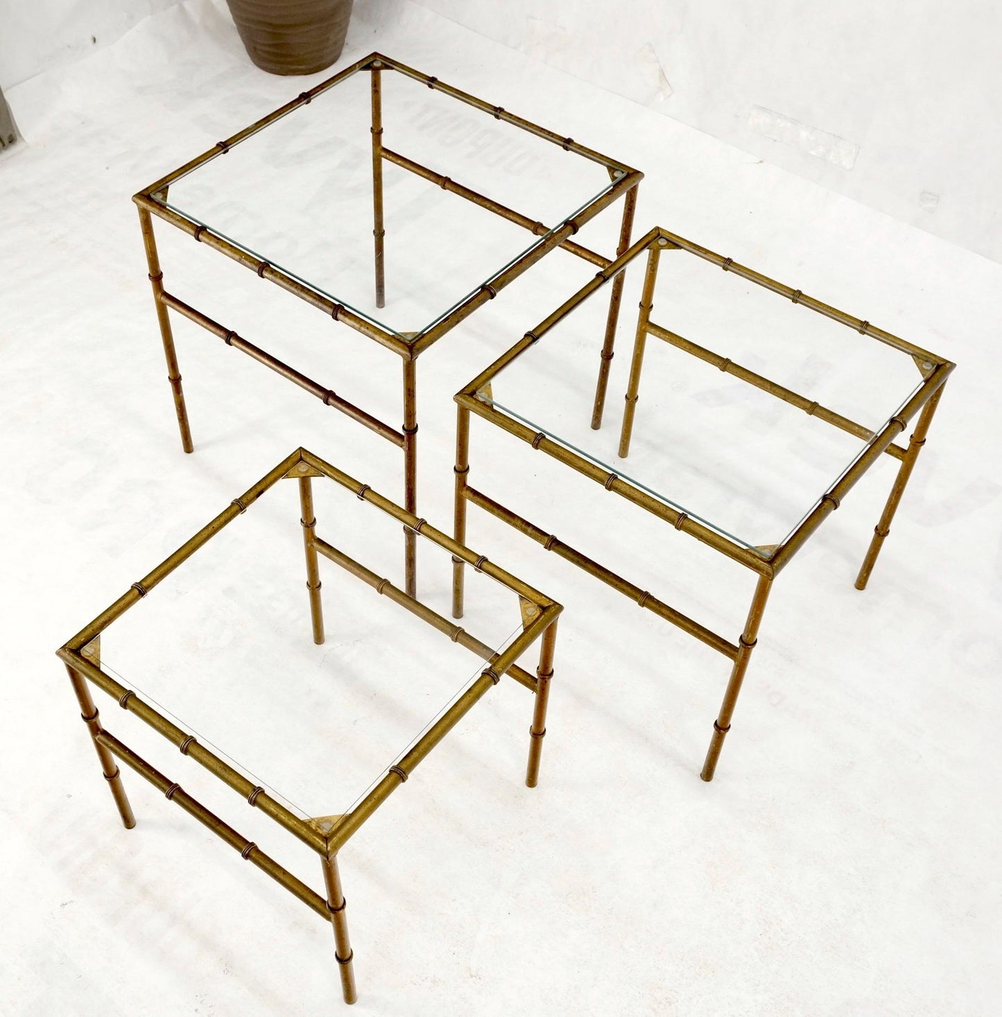 EstablishedLines Set of 3 Nesting Glass Top Faux Bamboo Gilt Metal End Side Stacking Tables