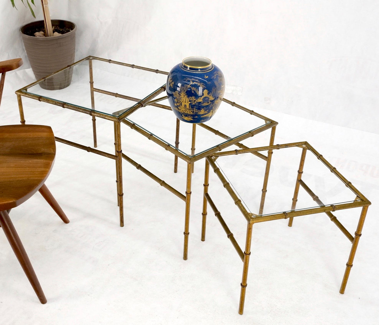 EstablishedLines Set of 3 Nesting Glass Top Faux Bamboo Gilt Metal End Side Stacking Tables