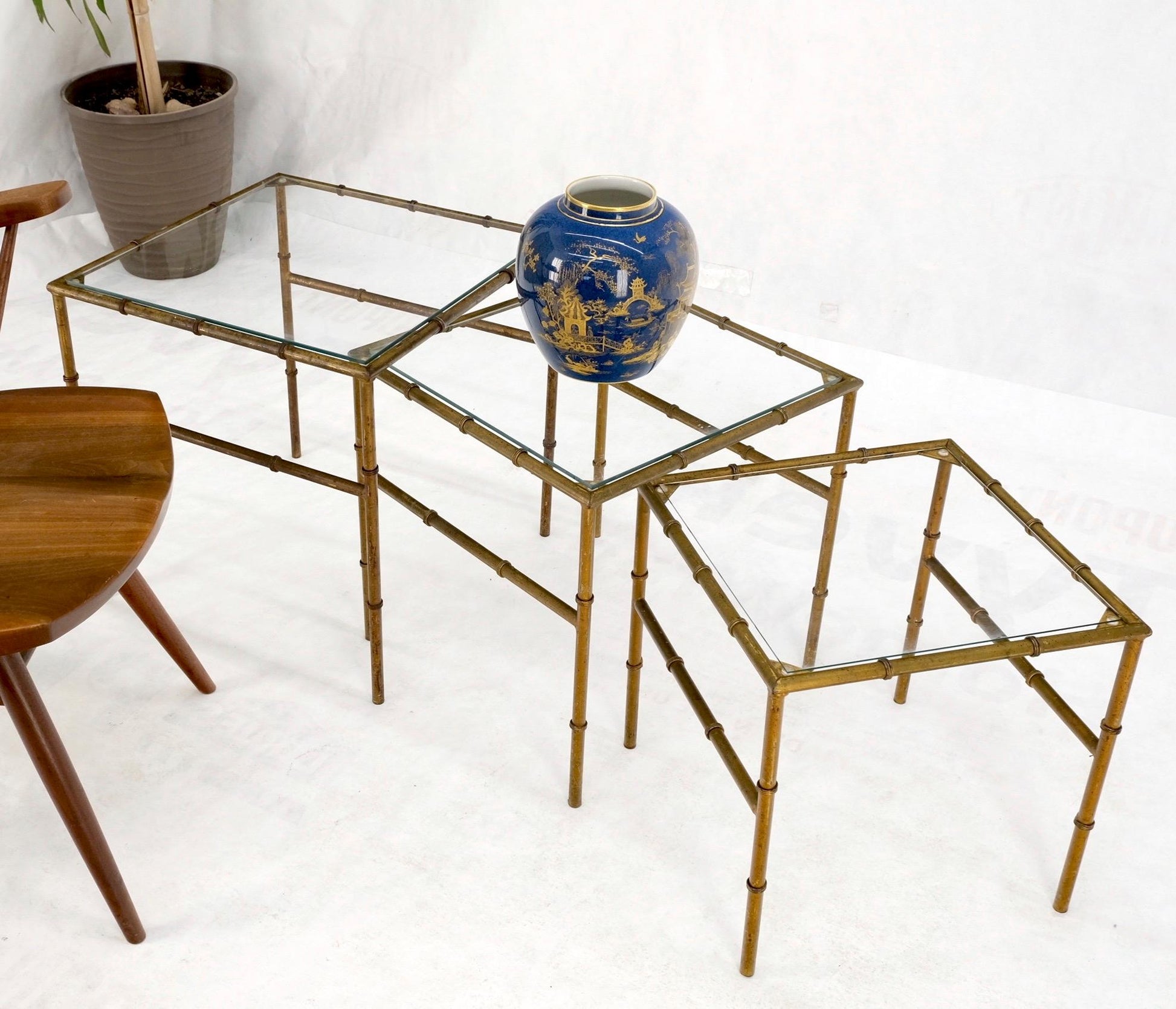 EstablishedLines Set of 3 Nesting Glass Top Faux Bamboo Gilt Metal End Side Stacking Tables