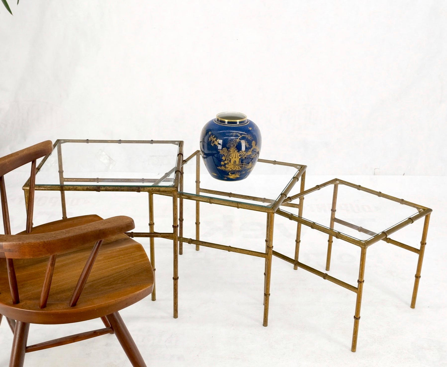 EstablishedLines Set of 3 Nesting Glass Top Faux Bamboo Gilt Metal End Side Stacking Tables