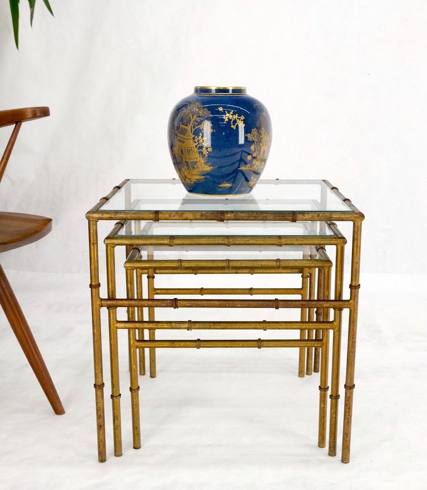 EstablishedLines Set of 3 Nesting Glass Top Faux Bamboo Gilt Metal End Side Stacking Tables