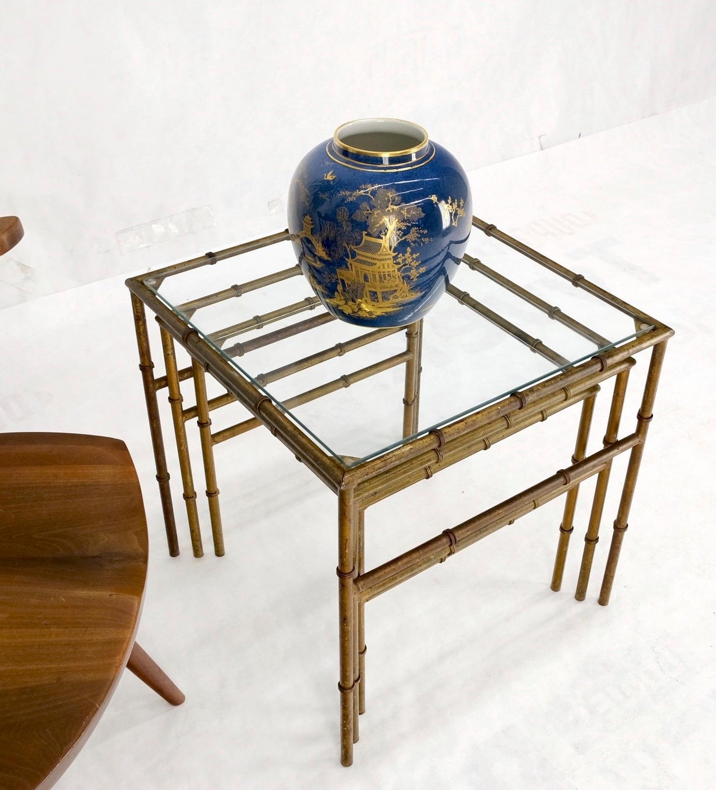 EstablishedLines Set of 3 Nesting Glass Top Faux Bamboo Gilt Metal End Side Stacking Tables