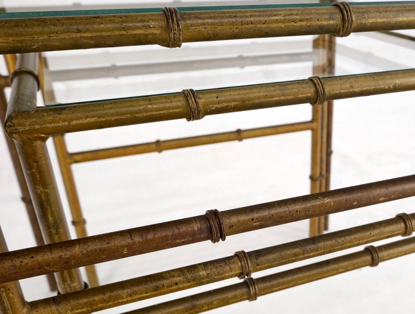 EstablishedLines Set of 3 Nesting Glass Top Faux Bamboo Gilt Metal End Side Stacking Tables