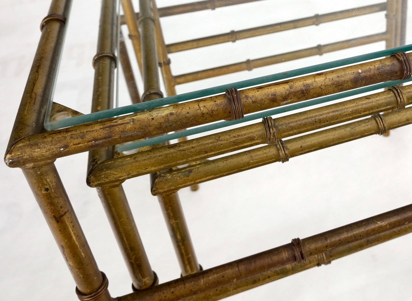 EstablishedLines Set of 3 Nesting Glass Top Faux Bamboo Gilt Metal End Side Stacking Tables