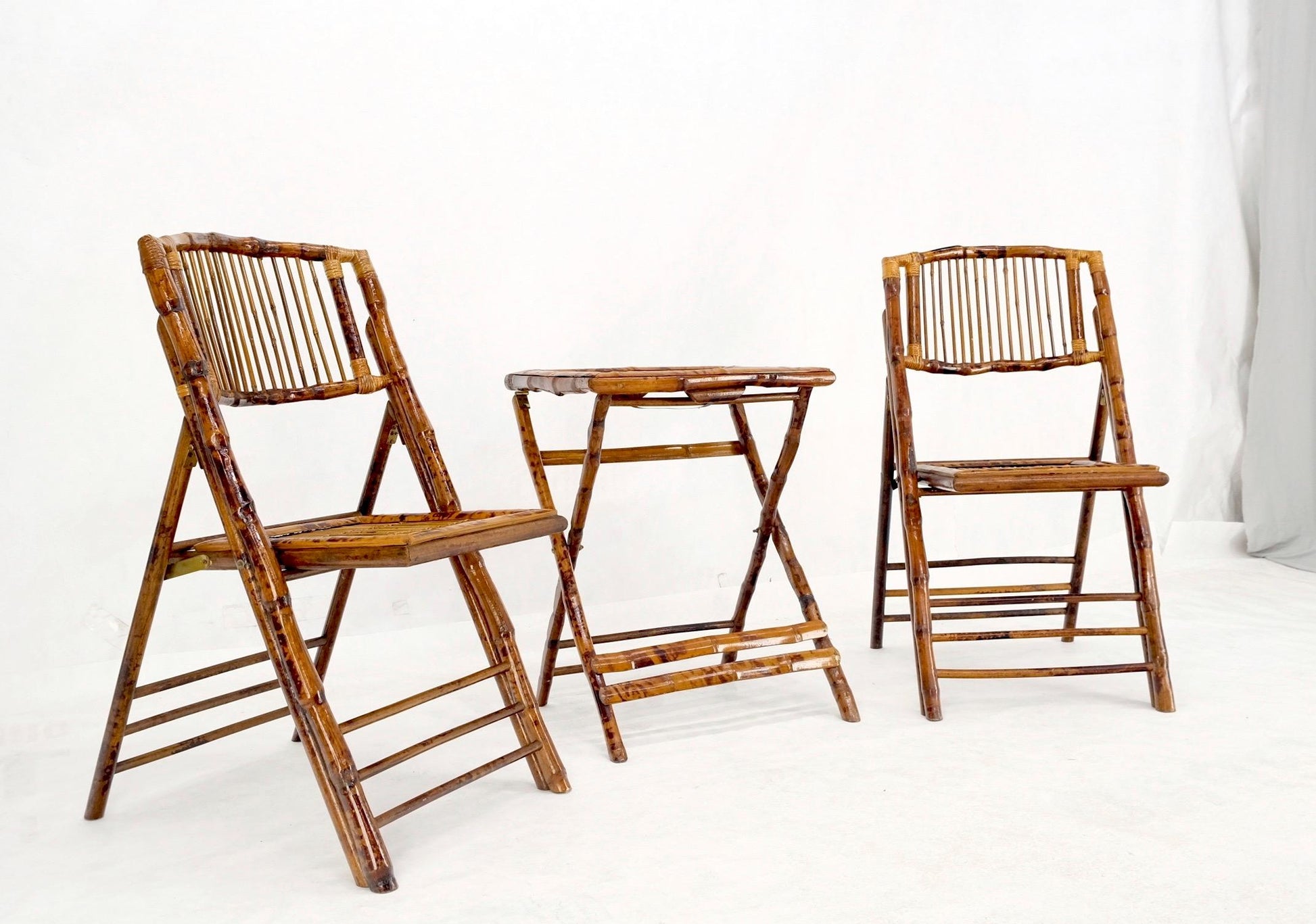 EstablishedLines Burnt Bamboo Vintage Folding Cafe Occasional Table w/ Two Matching Chairs Set