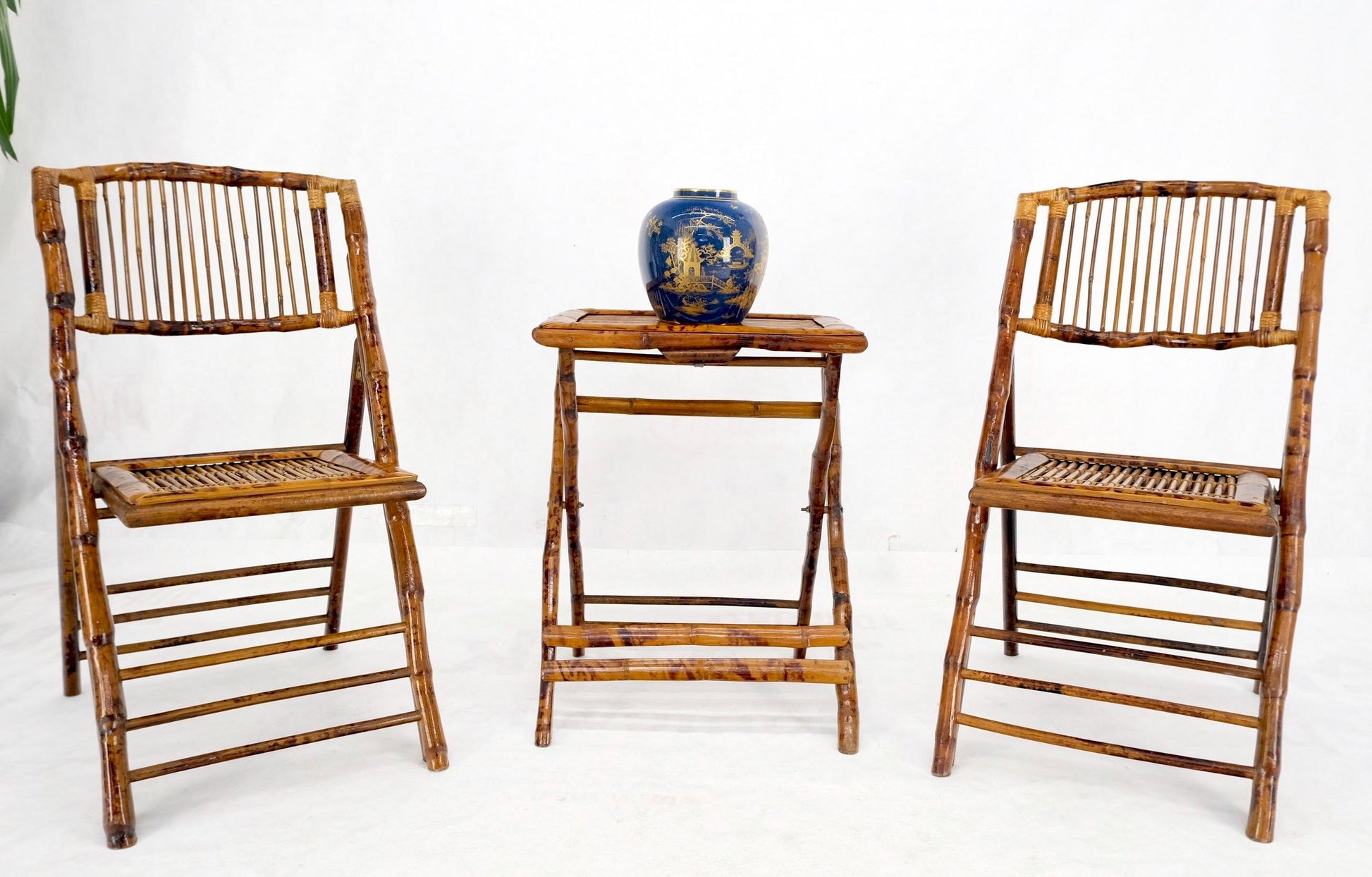 EstablishedLines Burnt Bamboo Vintage Folding Cafe Occasional Table w/ Two Matching Chairs Set