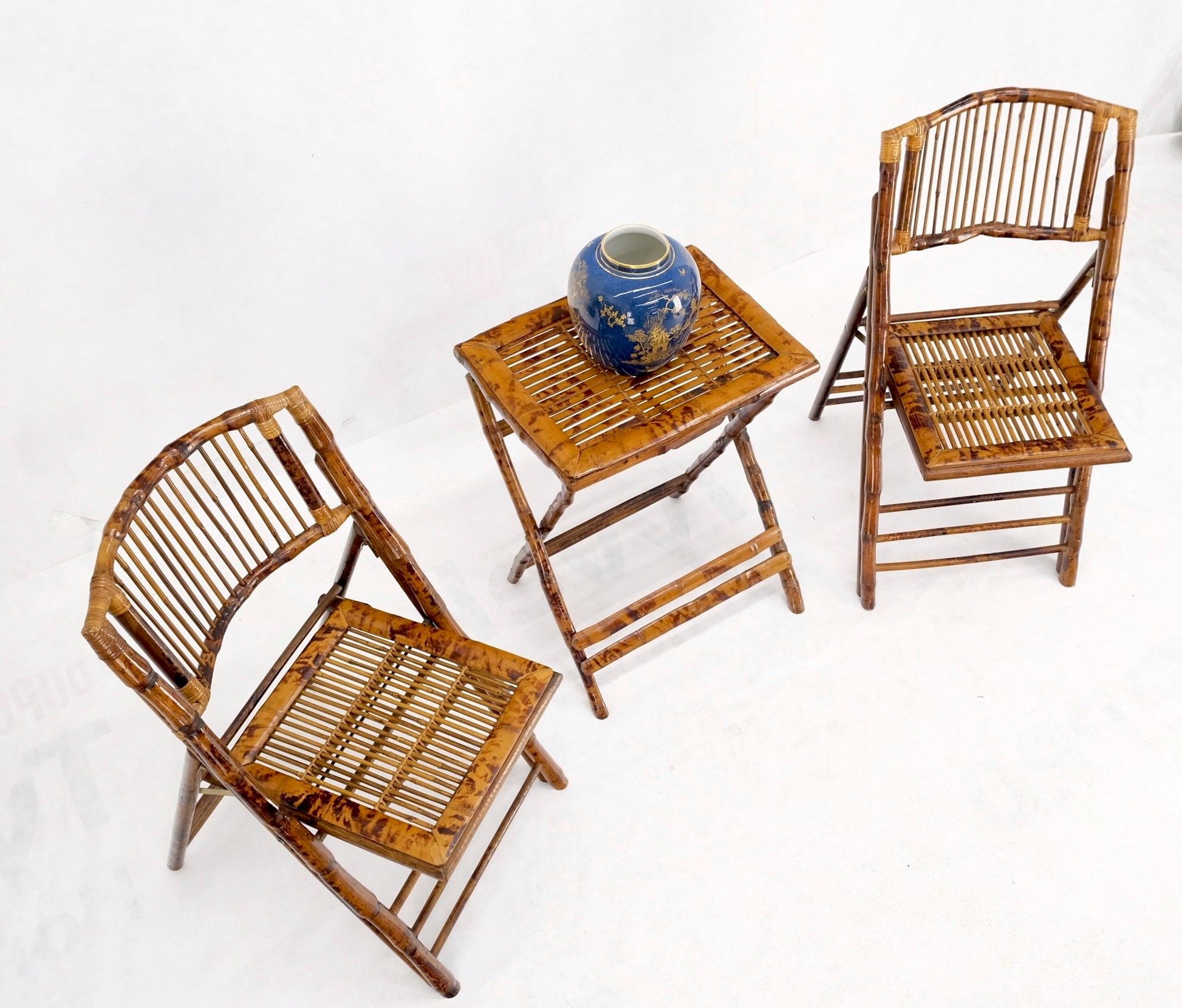 EstablishedLines Burnt Bamboo Vintage Folding Cafe Occasional Table w/ Two Matching Chairs Set
