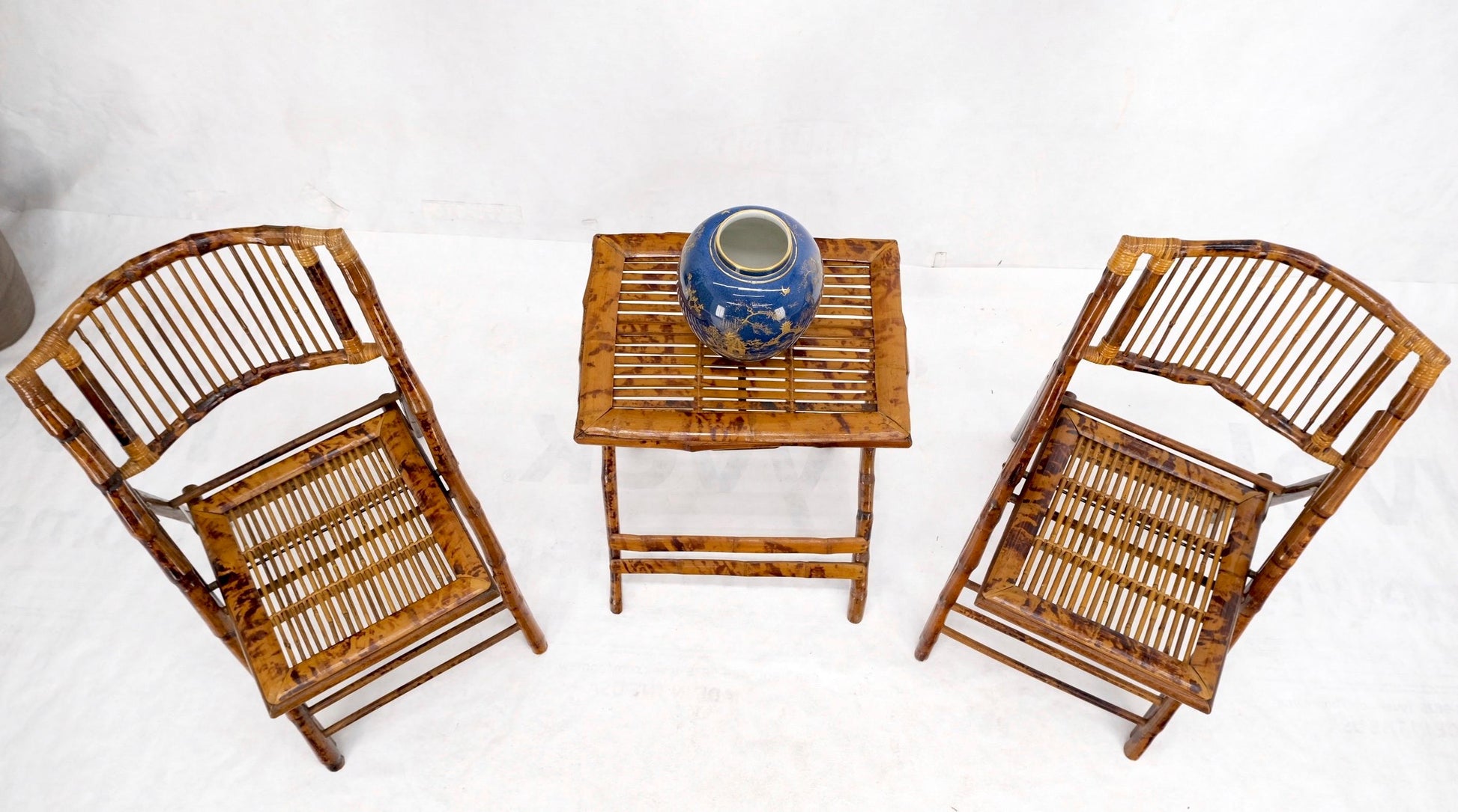 EstablishedLines Burnt Bamboo Vintage Folding Cafe Occasional Table w/ Two Matching Chairs Set